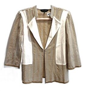 Ming Wang Womens Brown Cardigan M Pique Striped Knit V Neck Preppy 3/4 Sleeve